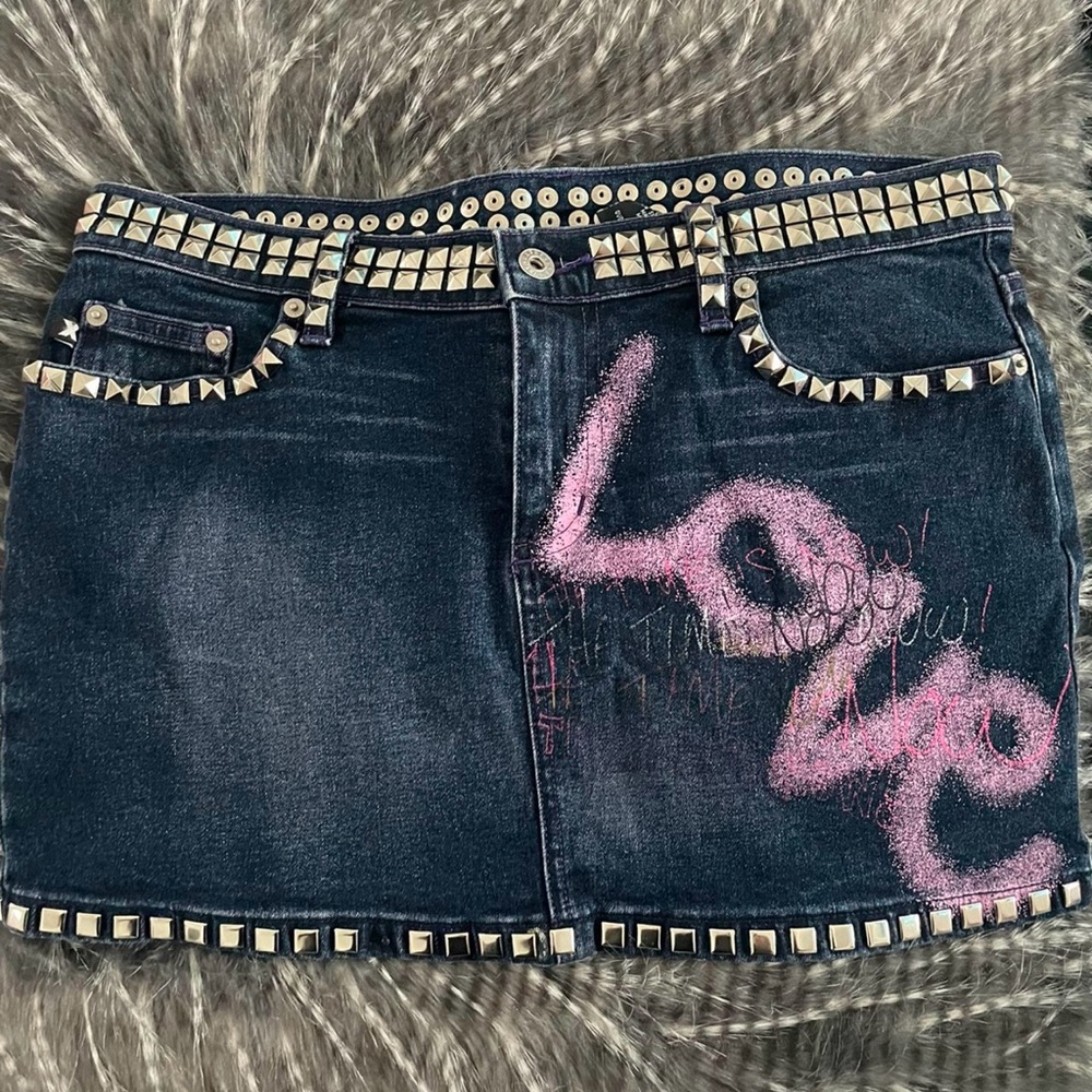 Studded Denim Mini Skirt - Black